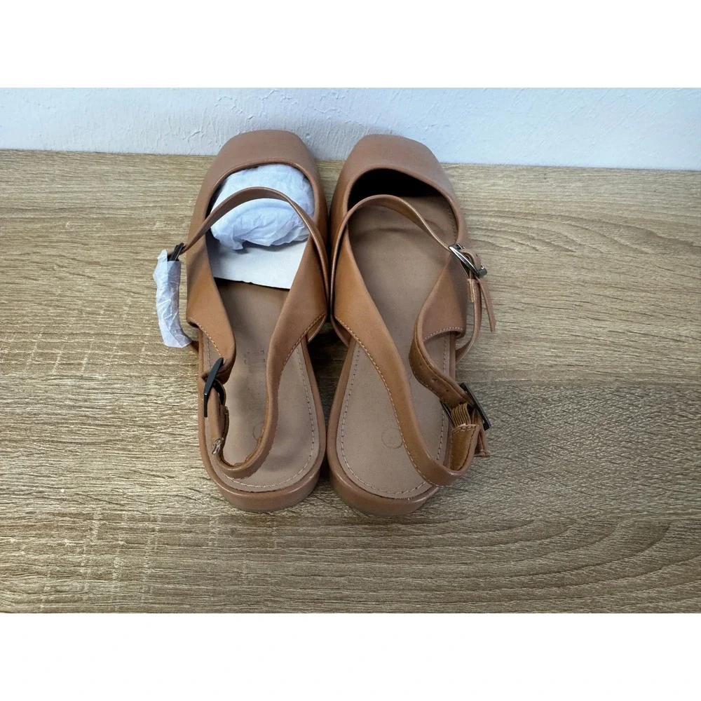 Camel Leather Square Toe Mary Jane Slingback Flats Double Strap NIB Sz 8
